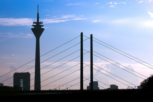 Silhouette of Dusseldorf tower and bridge